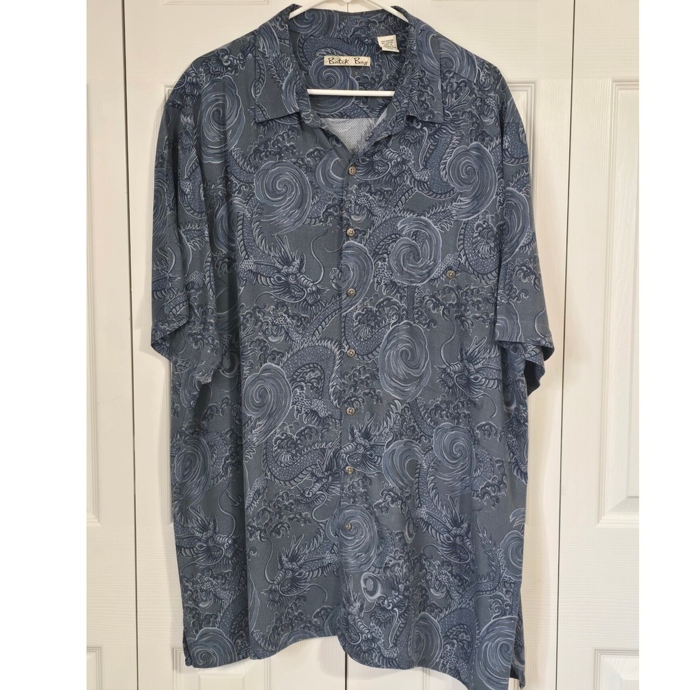 Batik Bay Mens 2XB Blue Dragon Print Rayon Short Sleeve Button Down‎ Shirt